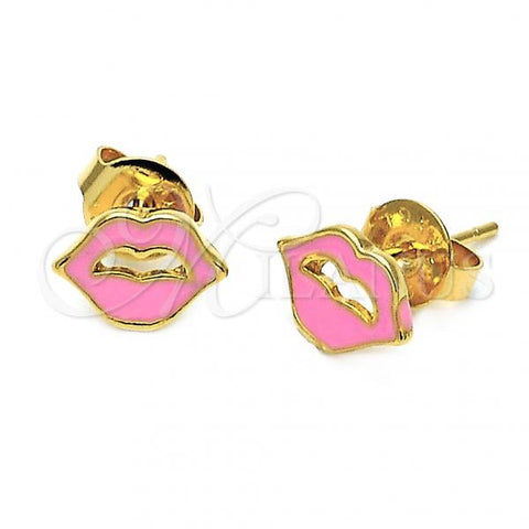 Oro Laminado Stud Earring, Gold Filled Style Lips Design, Pink Enamel Finish, Golden Finish, 02.64.0307 *PROMO*