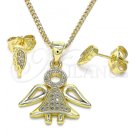 Oro Laminado Earring and Pendant Adult Set, Gold Filled Style Angel Design, with White Micro Pave, Polished, Golden Finish, 10.156.0393
