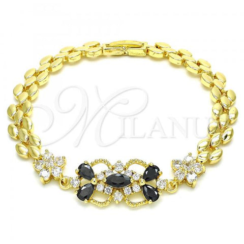 Oro Laminado Fancy Bracelet, Gold Filled Style Flower and Teardrop Design, with Black and White Cubic Zirconia, Polished, Golden Finish, 03.316.0032.07