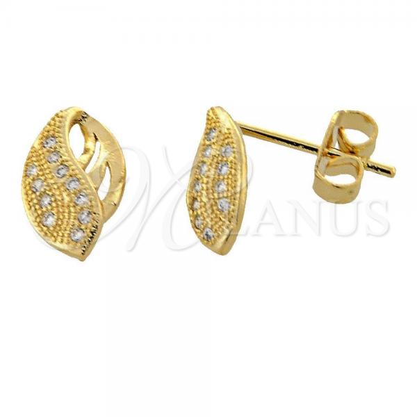Oro Laminado Stud Earring, Gold Filled Style Leaf Design, with White Micro Pave, Polished, Golden Finish, 02.195.0018