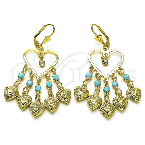 Oro Laminado Long Earring, Gold Filled Style Heart Design, with Turquoise and White Crystal, Polished, Golden Finish, 02.414.0010