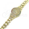 Oro Laminado Fancy Bracelet, Gold Filled Style Guadalupe and Flower Design, with Multicolor Cubic Zirconia, Diamond Cutting Finish, Golden Finish, 03.100.0062.1.08