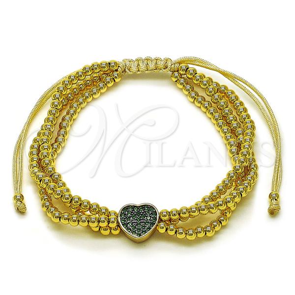 Oro Laminado Adjustable Bolo Bracelet, Gold Filled Style Heart and Ball Design, with Green Micro Pave, Polished, Two Tone, 03.341.0234.1.11