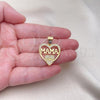 Oro Laminado Fancy Pendant, Gold Filled Style Mom and Heart Design, with White Micro Pave, Polished, Golden Finish, 05.342.0198