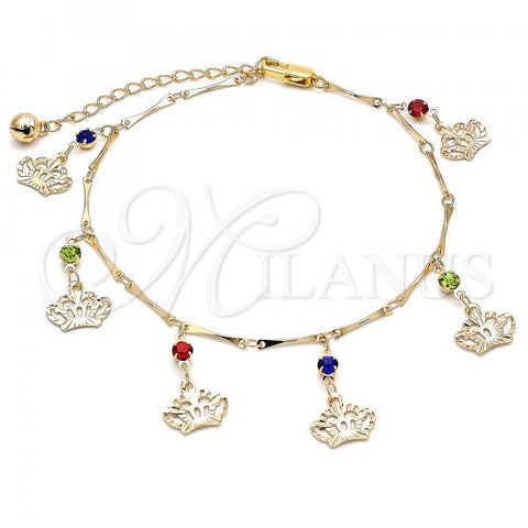 Oro Laminado Charm Anklet , Gold Filled Style Crown and Rattle Charm Design, with Multicolor Crystal, Polished, Golden Finish, 03.213.0115.1.10