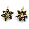 Oro Laminado Leverback Earring, Gold Filled Style Flower Design, with Black and White Crystal, Polished, Golden Finish, 02.64.0638.4