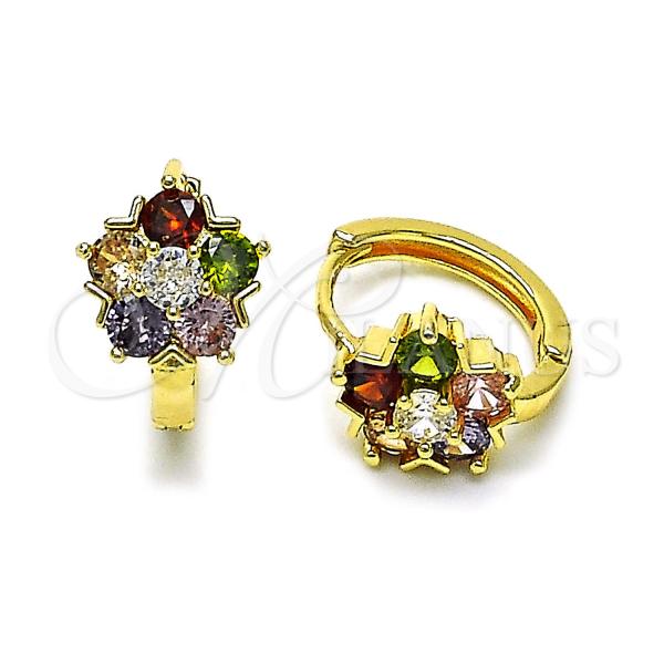 Oro Laminado Huggie Hoop, Gold Filled Style Flower Design, with Multicolor Cubic Zirconia, Polished, Golden Finish, 02.210.0877.18