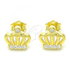Sterling Silver Stud Earring, Crown Design, with White Cubic Zirconia and White Crystal, Polished, Golden Finish, 02.336.0148.2