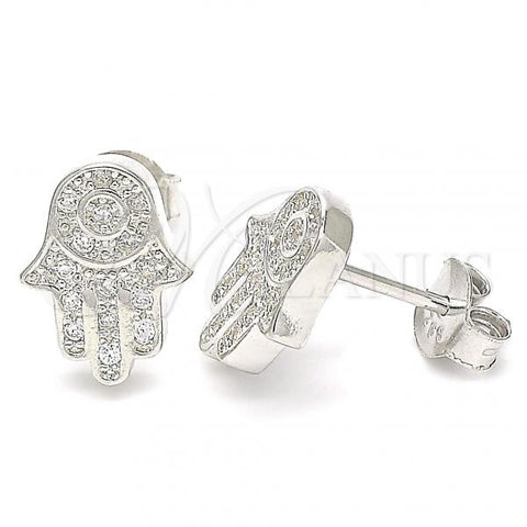 Sterling Silver Stud Earring, Hand of God Design, with White Cubic Zirconia, Polished, Rhodium Finish, 02.336.0134