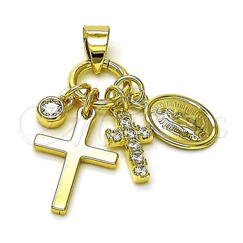 Oro Laminado Religious Pendant, Gold Filled Style Cross and Guadalupe Design, with White Cubic Zirconia, Polished, Golden Finish, 05.213.0156