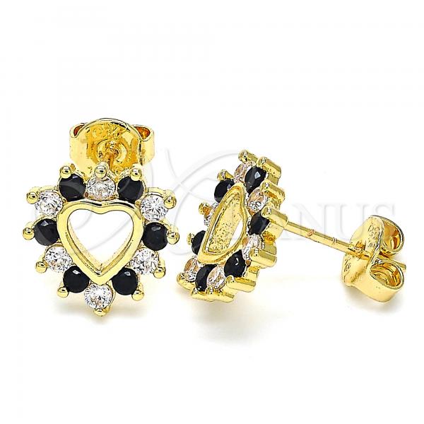 Oro Laminado Stud Earring, Gold Filled Style Heart Design, with Black and White Micro Pave, Polished, Golden Finish, 02.233.0024.1