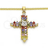 Oro Laminado Pendant Necklace, Gold Filled Style Cross Design, with Multicolor Cubic Zirconia, Polished, Golden Finish, 04.284.0012.3.20