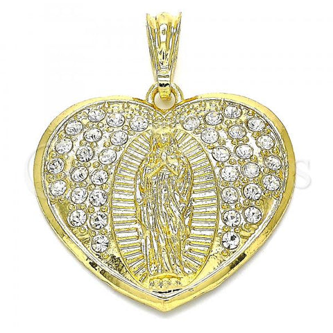 Oro Laminado Religious Pendant, Gold Filled Style Heart and Guadalupe Design, with White Crystal, Polished, Golden Finish, 05.351.0135.1