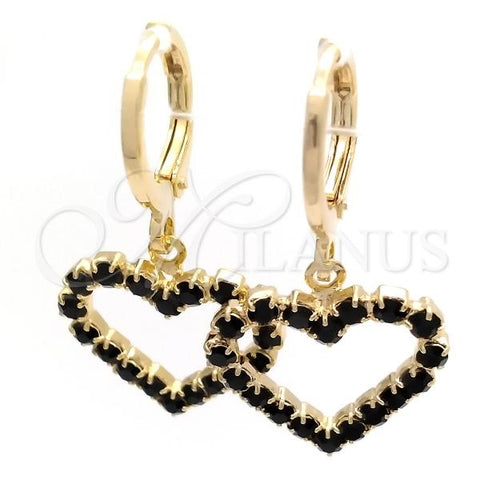 Oro Laminado Huggie Hoop, Gold Filled Style Heart Design, with Black Cubic Zirconia, Polished, Golden Finish, 02.02.0494.1.15