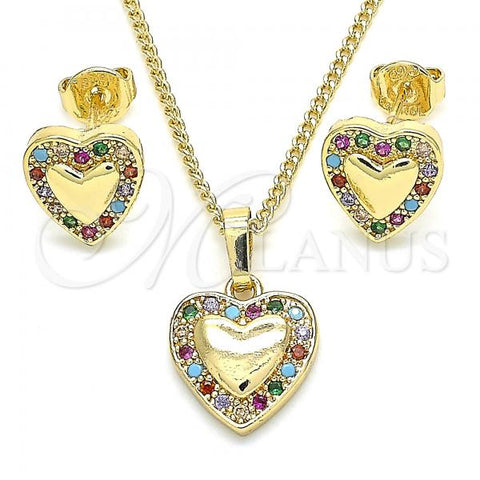Oro Laminado Earring and Pendant Adult Set, Gold Filled Style Heart Design, with Multicolor Micro Pave, Polished, Golden Finish, 10.233.0034