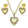 Oro Laminado Earring and Pendant Adult Set, Gold Filled Style Heart Design, with Multicolor Micro Pave, Polished, Golden Finish, 10.233.0034
