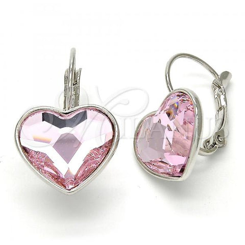 Rhodium Plated Leverback Earring, Heart Design, with Light Rose Swarovski Crystals, Polished, Rhodium Finish, 02.239.0013.4