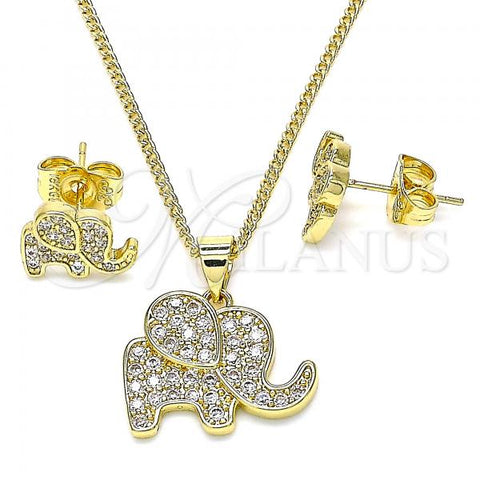 Oro Laminado Earring and Pendant Adult Set, Gold Filled Style Elephant Design, with White Micro Pave, Polished, Golden Finish, 10.156.0339