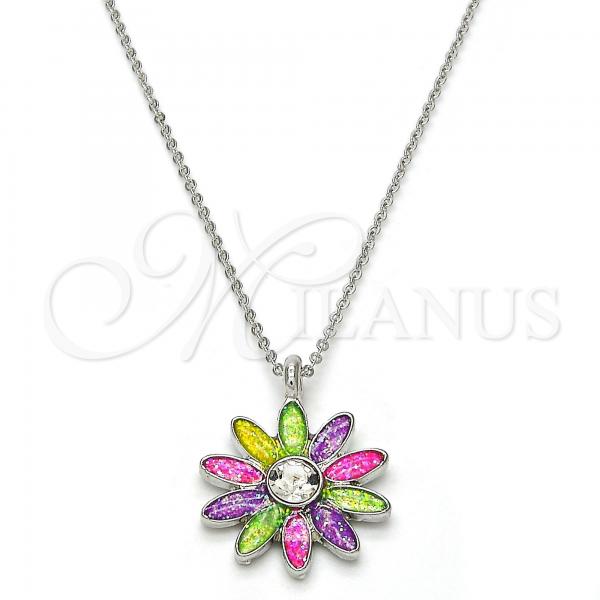 Rhodium Plated Pendant Necklace, Flower Design, with White Crystal, Multicolor Enamel Finish, Rhodium Finish, 04.213.0040.16