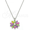 Rhodium Plated Pendant Necklace, Flower Design, with White Crystal, Multicolor Enamel Finish, Rhodium Finish, 04.213.0040.16