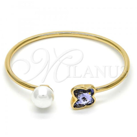 Oro Laminado Individual Bangle, Gold Filled Style Butterfly Design, with Provence Lavander Swarovski Crystals and Ivory Pearl, Polished, Golden Finish, 07.239.0005.10 (03 MM Thickness, One size fits all)