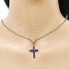 Oro Laminado Religious Pendant, Gold Filled Style Cross Design, with Sapphire Blue Cubic Zirconia, Polished, Golden Finish, 05.253.0182.2