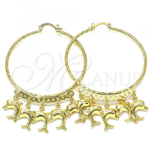 Oro Laminado Large Hoop, Gold Filled Style Dolphin Design, Diamond Cutting Finish, Golden Finish, 02.380.0073.50