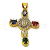 Oro Laminado Religious Pendant, Gold Filled Style Cross and Guadalupe Design, with Multicolor and White Cubic Zirconia, Polished, Golden Finish, 05.342.0226