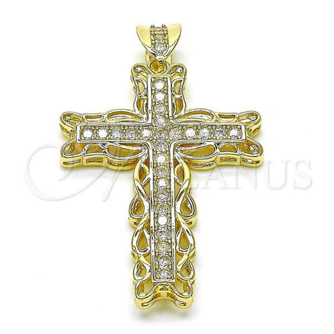 Oro Laminado Religious Pendant, Gold Filled Style Cross Design, with White Cubic Zirconia, Polished, Golden Finish, 05.253.0181