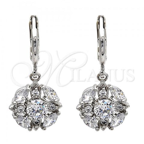 Rhodium Plated Dangle Earring, Flower Design, with White Cubic Zirconia, Polished, Rhodium Finish, 02.217.0058.2