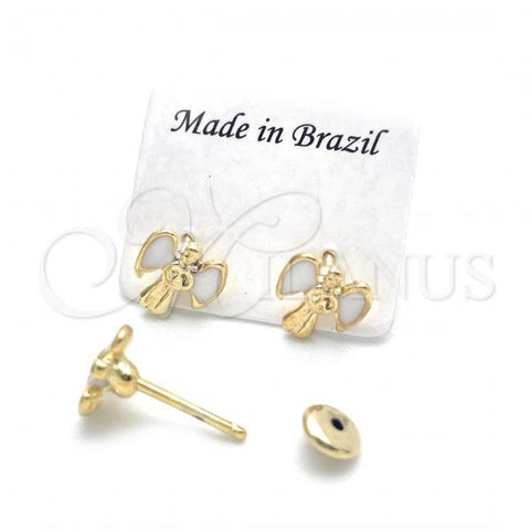 Oro Laminado Stud Earring, Gold Filled Style Angel Design, White Enamel Finish, Golden Finish, 02.02.0500