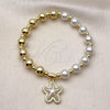Oro Laminado Fancy Bracelet, Gold Filled Style Star and Ball Design, with Ivory Pearl and White Micro Pave, Polished, Golden Finish, 03.341.0249.07