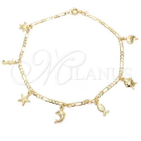 Oro Laminado Charm Anklet , Gold Filled Style Dolphin and Turtle Design, Polished, Golden Finish, 03.58.0015.10