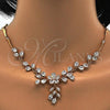 Oro Laminado Necklace and Earring, Gold Filled Style Flower and Leaf Design, with White Cubic Zirconia, Polished, Golden Finish, 06.205.0004