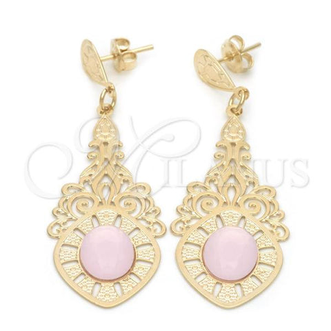 Oro Laminado Long Earring, Gold Filled Style with Rose Opal, Polished, Golden Finish, 02.09.0135.2