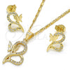 Oro Laminado Earring and Pendant Adult Set, Gold Filled Style Heart and Butterfly Design, with White Cubic Zirconia, Polished, Golden Finish, 10.156.0156