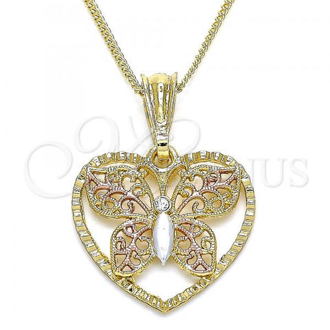 Oro Laminado Pendant Necklace, Gold Filled Style Heart and Butterfly Design, with White Crystal, Polished, Tricolor, 04.351.0023.20
