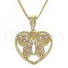 Oro Laminado Pendant Necklace, Gold Filled Style Heart and Butterfly Design, with White Crystal, Polished, Tricolor, 04.351.0023.20