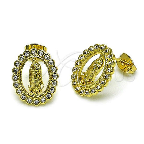 Oro Laminado Stud Earring, Gold Filled Style Guadalupe Design, with White Cubic Zirconia, Polished, Golden Finish, 02.210.0845