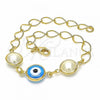 Oro Laminado Fancy Bracelet, Gold Filled Style Evil Eye Design, with White Pearl, Blue Polished, Golden Finish, 03.09.0068.1.07