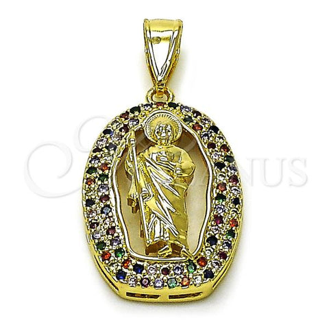 Oro Laminado Religious Pendant, Gold Filled Style San Judas Design, with Multicolor Cubic Zirconia, Polished, Golden Finish, 05.411.0069