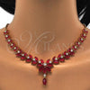 Oro Laminado Necklace and Earring, Gold Filled Style Leaf Design, with Ruby Cubic Zirconia, Polished, Golden Finish, 06.221.0001