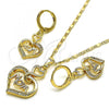 Oro Laminado Earring and Pendant Adult Set, Gold Filled Style Heart and Mom Design, with White Micro Pave, Polished, Golden Finish, 10.196.0066.1