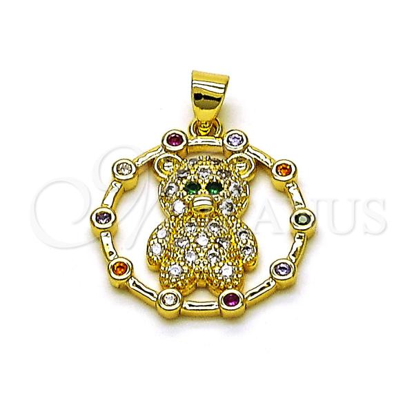 Oro Laminado Fancy Pendant, Gold Filled Style Teddy Bear Design, with Multicolor Micro Pave, Polished, Golden Finish, 05.381.0021