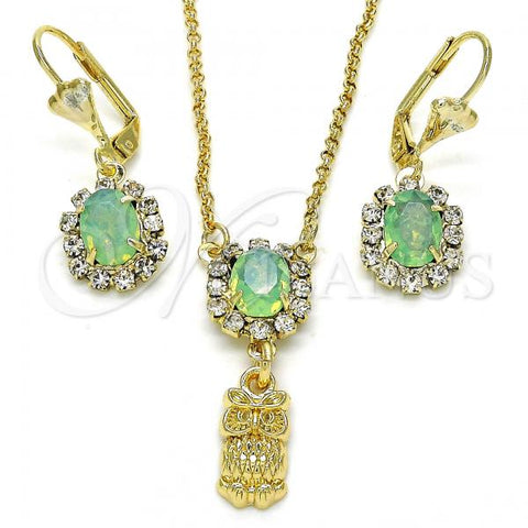 Oro Laminado Earring and Pendant Adult Set, Gold Filled Style Owl Design, with Chrysolite Opal and White Crystal, Polished, Golden Finish, 10.122.0009.2