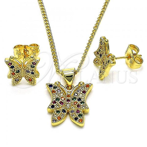 Oro Laminado Earring and Pendant Adult Set, Gold Filled Style Butterfly Design, with Multicolor Micro Pave, Polished, Golden Finish, 10.156.0454.1