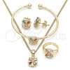 Oro Laminado Earring and Pendant Children Set, Gold Filled Style Flower Design, with Multicolor Cubic Zirconia, Polished, Golden Finish, 06.210.0016