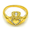 Oro Laminado Multi Stone Ring, Gold Filled Style Heart and Crown Design, with White Crystal, Polished, Golden Finish, 01.118.0057.06 (Size 6)