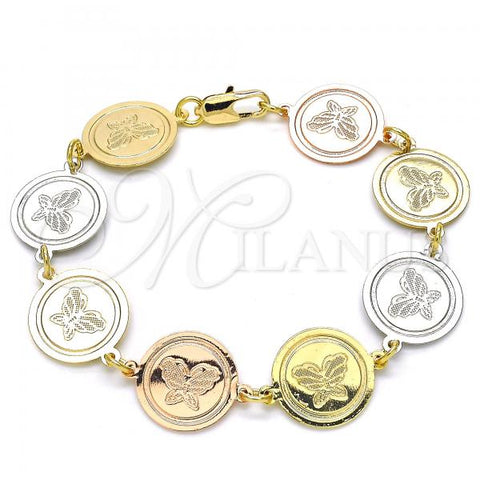 Oro Laminado Fancy Bracelet, Gold Filled Style Butterfly Design, Polished, Tricolor, 03.63.2042.07