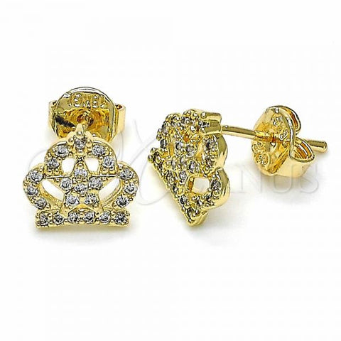 Oro Laminado Stud Earring, Gold Filled Style Crown and Star Design, with White Cubic Zirconia, Polished, Golden Finish, 02.94.0121